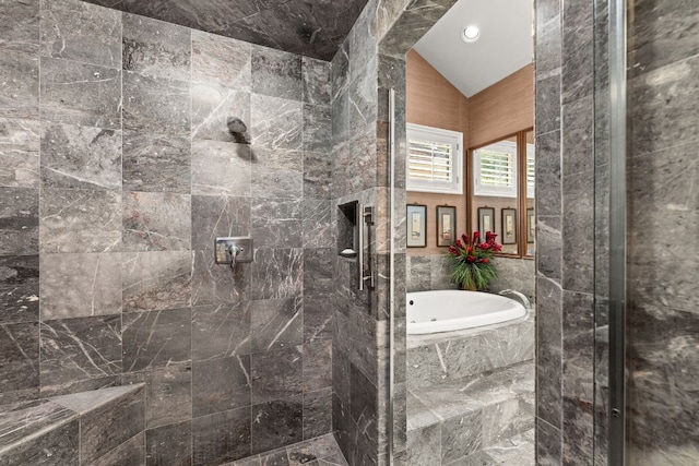 59 Stillmeadow Dr, The Hills, TX 78738 - bathroom featuring a stall shower, a bath, recessed lighting, and lofted ceiling