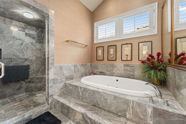 59 Stillmeadow Dr, The Hills, TX 78738 - bathroom featuring a garden tub, a shower stall, plenty of natural light, and lofted ceiling