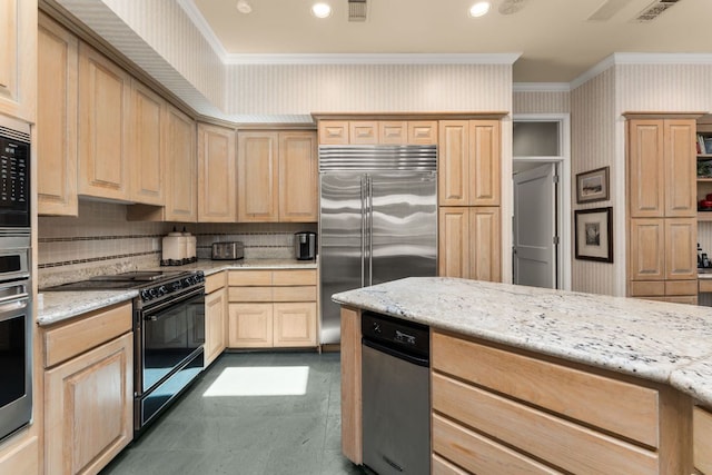 59 Stillmeadow Dr, The Hills, TX 78738 - kitchen featuring stainless steel appliances, light brown cabinetry, ornamental molding, wallpapered walls, and tasteful backsplash
