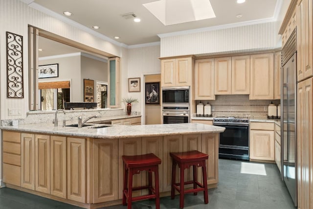 59 Stillmeadow Dr, The Hills, TX 78738 - kitchen with built in appliances, ornamental molding, a skylight, light brown cabinetry, and light stone counters