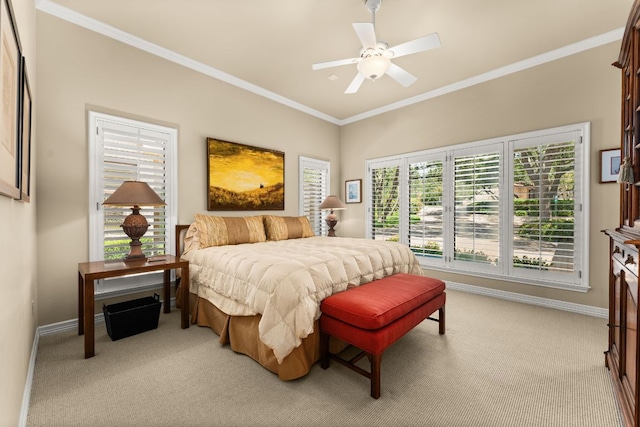 59 Stillmeadow Dr, The Hills, TX 78738 - bedroom featuring light colored carpet, ornamental molding, and a ceiling fan