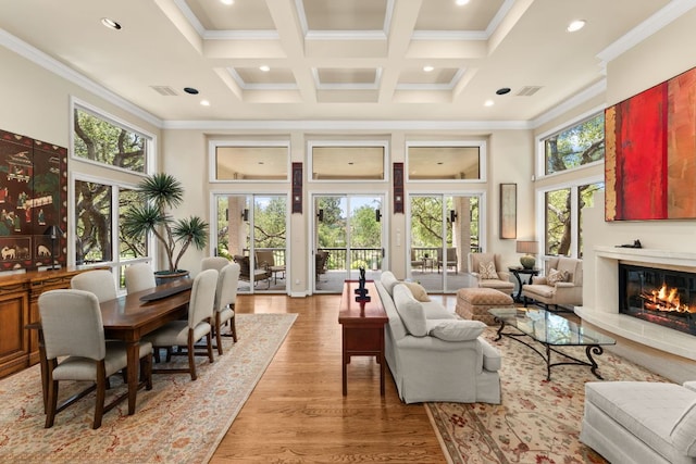 59 Stillmeadow Dr, The Hills, TX 78738 - living room with a high ceiling, ornamental molding, coffered ceiling, plenty of natural light, and a glass covered fireplace