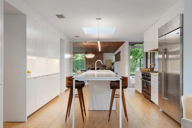4506 Crestway Dr, Austin, TX 78731 - kitchen with high end appliances, modern cabinets, white cabinetry, a skylight, and light wood-style flooring