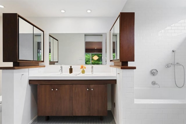 4506 Crestway Dr, Austin, TX 78731 - full bathroom featuring double vanity, tiled bath, recessed lighting, tiled shower, and tile patterned floors