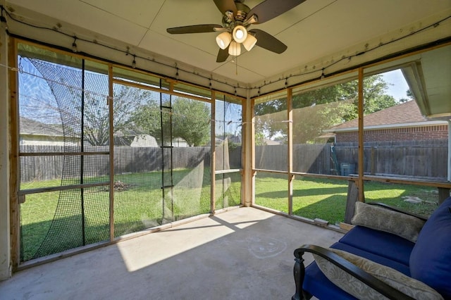 101 Desert Highlands Trl, Round Rock, TX 78665 - unfurnished sunroom featuring a ceiling fan