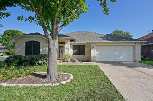 101 Desert Highlands Trl, Round Rock, TX 78665 - single story home featuring driveway, a garage, a front yard, roof with shingles, and stone siding