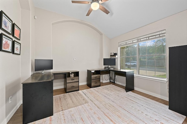 101 Desert Highlands Trl, Round Rock, TX 78665 - office area featuring vaulted ceiling, a ceiling fan, and wood finished floors