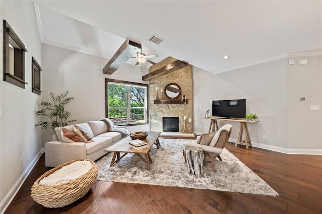 108 Kildrummy Ln, Lakeway, TX 78738 - living area with ornamental molding, wood finished floors, a fireplace, and a ceiling fan