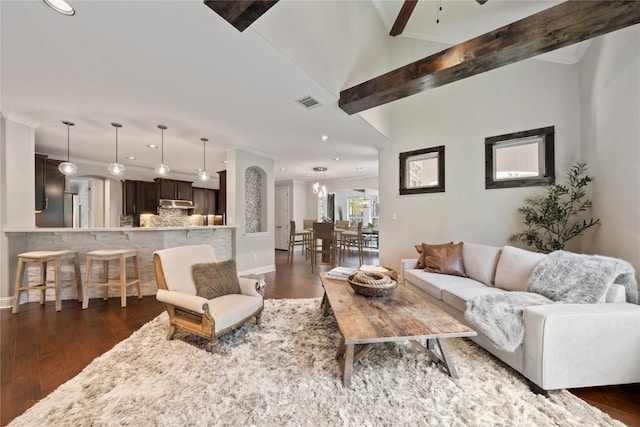 108 Kildrummy Ln, Lakeway, TX 78738 - living area with recessed lighting, dark wood finished floors, ceiling fan, and crown molding