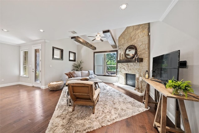 108 Kildrummy Ln, Lakeway, TX 78738 - living area featuring a stone fireplace, ceiling fan, dark wood-style floors, lofted ceiling, and recessed lighting