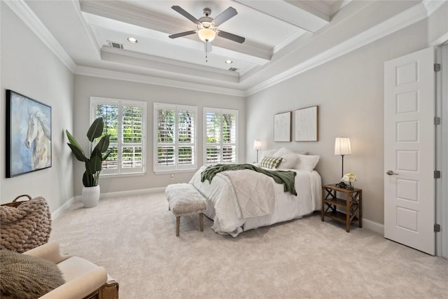 108 Kildrummy Ln, Lakeway, TX 78738 - bedroom featuring light colored carpet, crown molding, a ceiling fan, and recessed lighting