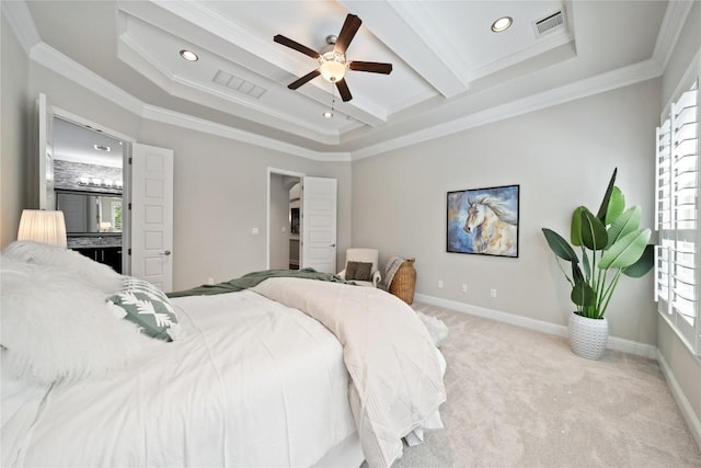 108 Kildrummy Ln, Lakeway, TX 78738 - bedroom with crown molding, light colored carpet, beam ceiling, a ceiling fan, and recessed lighting