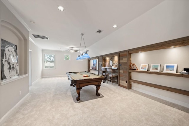108 Kildrummy Ln, Lakeway, TX 78738 - recreation room featuring carpet floors, pool table, recessed lighting, and ornamental molding