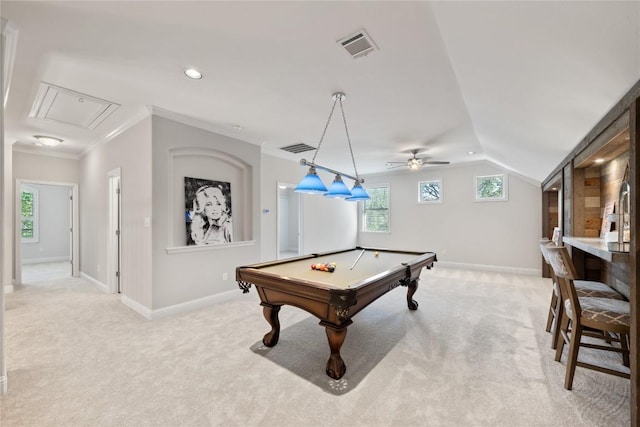 108 Kildrummy Ln, Lakeway, TX 78738 - rec room with attic access, light colored carpet, a ceiling fan, vaulted ceiling, and pool table