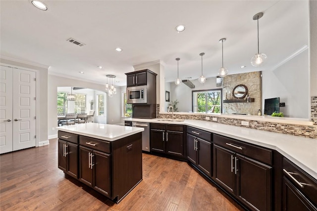 108 Kildrummy Ln, Lakeway, TX 78738 - kitchen featuring appliances with stainless steel finishes, ornamental molding, light countertops, healthy amount of natural light, and tasteful backsplash