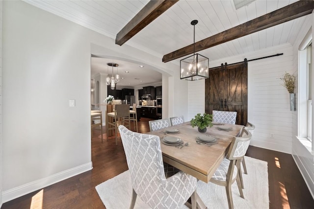 108 Kildrummy Ln, Lakeway, TX 78738 - dining room featuring a chandelier, a barn door, dark wood-style floors, and a wooden ceiling with exposed beams