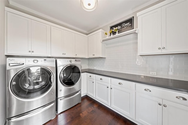 108 Kildrummy Ln, Lakeway, TX 78738 - laundry area with washer and dryer, cabinet space, and dark wood-type flooring