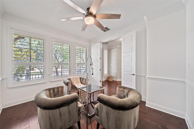108 Kildrummy Ln, Lakeway, TX 78738 - living area featuring a ceiling fan, crown molding, and wood finished floors