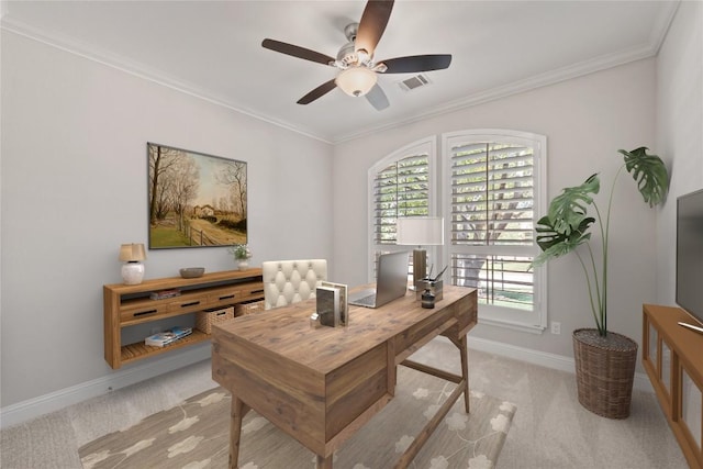 108 Kildrummy Ln, Lakeway, TX 78738 - office featuring light colored carpet, ceiling fan, and crown molding