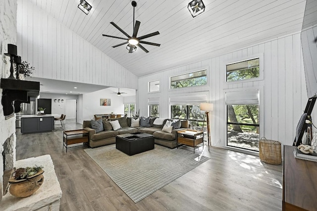 11803 Jess Dr, Austin, TX 78737 - living area featuring ceiling fan, high vaulted ceiling, wood finished floors, and wooden walls
