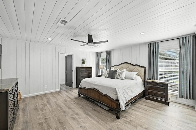 11803 Jess Dr, Austin, TX 78737 - bedroom featuring wooden ceiling, light wood finished floors, ceiling fan, wooden walls, and recessed lighting