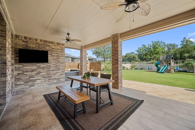 2541 Reunion Blvd, Austin, TX 78737 - view of patio featuring outdoor dining space, a ceiling fan, and a playground