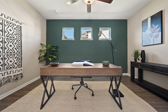 2541 Reunion Blvd, Austin, TX 78737 - office space with dark wood-style floors, ceiling fan, and an accent wall