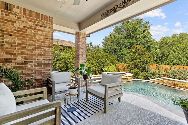 2977 Diego Dr, Round Rock, TX 78665 - fenced backyard featuring a pool with connected hot tub and a ceiling fan