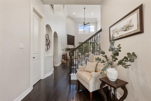 201 Montalcino Blvd, Austin, TX 78734 - entrance foyer with arched walkways, stairway, wood finished floors, ceiling fan, and recessed lighting