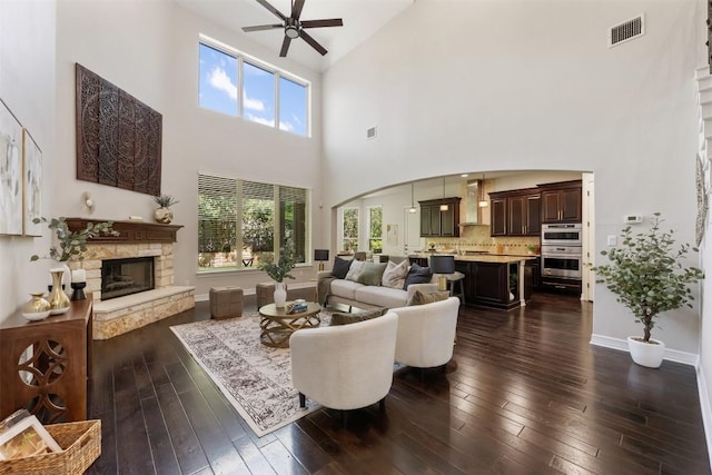 201 Montalcino Blvd, Austin, TX 78734 - living room with high vaulted ceiling, ceiling fan, a fireplace, dark wood-style floors, and arched walkways