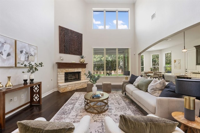 201 Montalcino Blvd, Austin, TX 78734 - living room with a high ceiling, dark wood-type flooring, arched walkways, and a stone fireplace