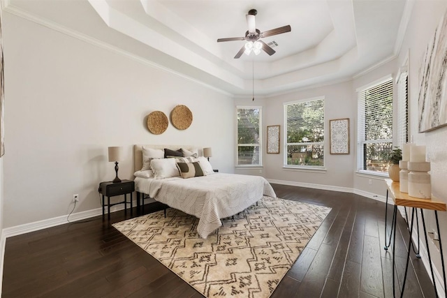 201 Montalcino Blvd, Austin, TX 78734 - bedroom with a tray ceiling, dark wood-style flooring, and ceiling fan