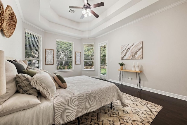 201 Montalcino Blvd, Austin, TX 78734 - bedroom with wood finished floors, a raised ceiling, access to outside, and a ceiling fan