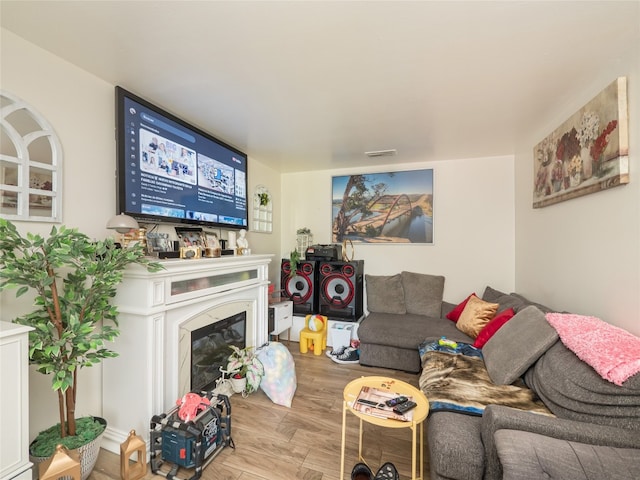 8508 Dryfield Dr, Austin, TX 78758 - living room featuring wood finished floors and a glass covered fireplace