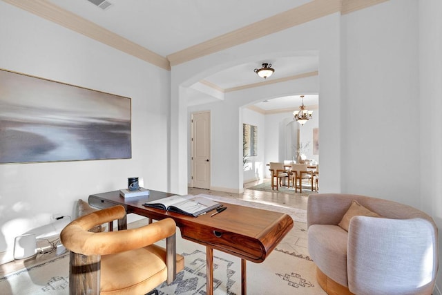 14417 Heron Bay Cv, Bee Cave, TX 78738 - office area featuring arched walkways, crown molding, and a chandelier
