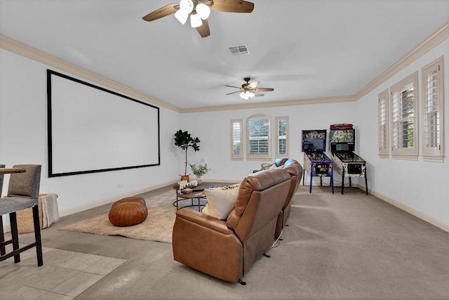 14417 Heron Bay Cv, Bee Cave, TX 78738 - carpeted cinema room featuring ornamental molding and ceiling fan
