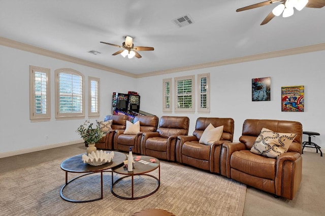 14417 Heron Bay Cv, Bee Cave, TX 78738 - living room with a ceiling fan, light colored carpet, and crown molding