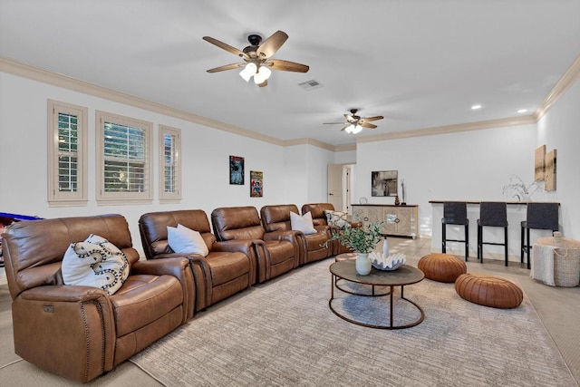 14417 Heron Bay Cv, Bee Cave, TX 78738 - living area featuring a ceiling fan, crown molding, recessed lighting, and carpet flooring