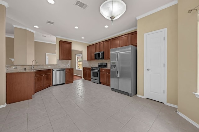 202 Muscovy Ln, Cedar Park, TX 78613 - kitchen featuring appliances with stainless steel finishes, crown molding, tasteful backsplash, recessed lighting, and light tile patterned floors