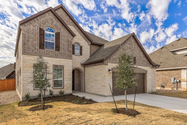 2321 Clear Pond Vw, Leander, TX 78641 - french country style house with stone siding, concrete driveway, a garage, and a shingled roof