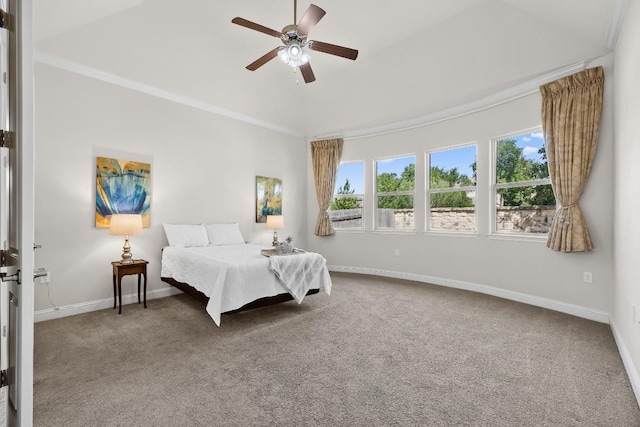 14016 Tyburn Trl, Austin, TX 78717 - carpeted bedroom with crown molding, a ceiling fan, and vaulted ceiling