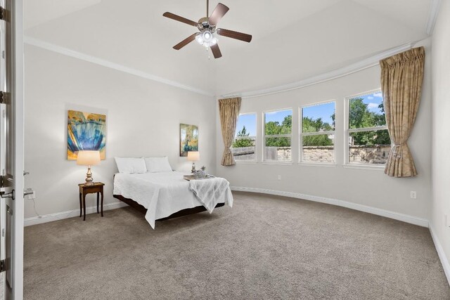 14016 Tyburn Trl, Austin, TX 78717 - bedroom with carpet flooring, ornamental molding, ceiling fan, and lofted ceiling