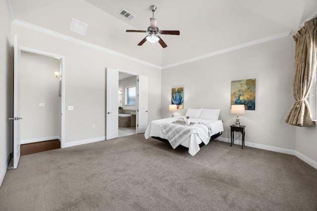 14016 Tyburn Trl, Austin, TX 78717 - carpeted bedroom featuring crown molding, ensuite bath, and a ceiling fan