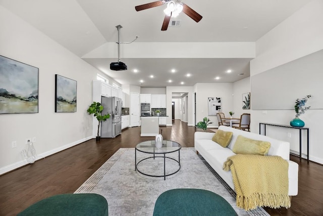 14016 Tyburn Trl, Austin, TX 78717 - living room featuring dark wood-style flooring, ceiling fan, recessed lighting, and lofted ceiling