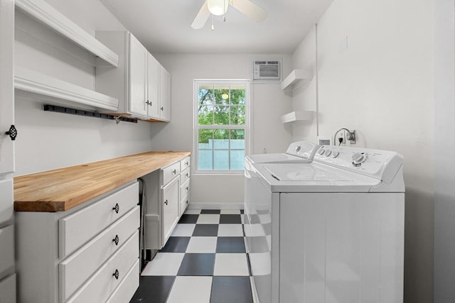 3518 Lakeland Dr, Austin, TX 78731 - laundry area featuring independent washer and dryer, dark floors, cabinet space, a ceiling fan, and a wall unit AC