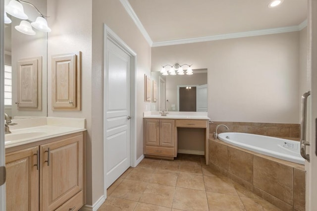811 River Walk Trl, Georgetown, TX 78633 - bathroom featuring a bath, ornamental molding, two vanities, and tile patterned floors