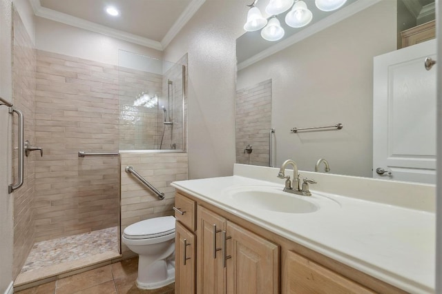 811 River Walk Trl, Georgetown, TX 78633 - full bathroom with a tile shower, crown molding, vanity, and tile patterned flooring