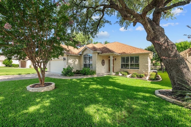 811 River Walk Trl, Georgetown, TX 78633 - single story home with stone siding, concrete driveway, a front lawn, a garage, and roof with shingles