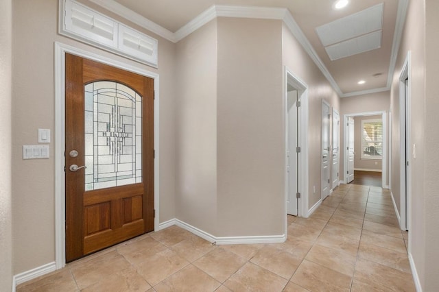 811 River Walk Trl, Georgetown, TX 78633 - entryway with crown molding, recessed lighting, and light tile patterned floors