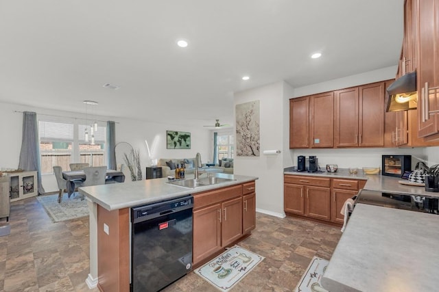 136 Everglades Ave, Taylor, TX 76574 - kitchen with black dishwasher, custom range hood, stone finish floors, light countertops, and a center island with sink